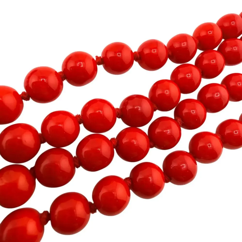 Vintage Red Coral Vivid Beads Hand Knotted Classic Gold Tone 25